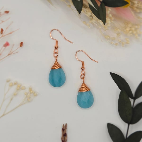 Faceted Amazonite Teardrop Earrings, Wrapped with Copper Rose Gold Wire