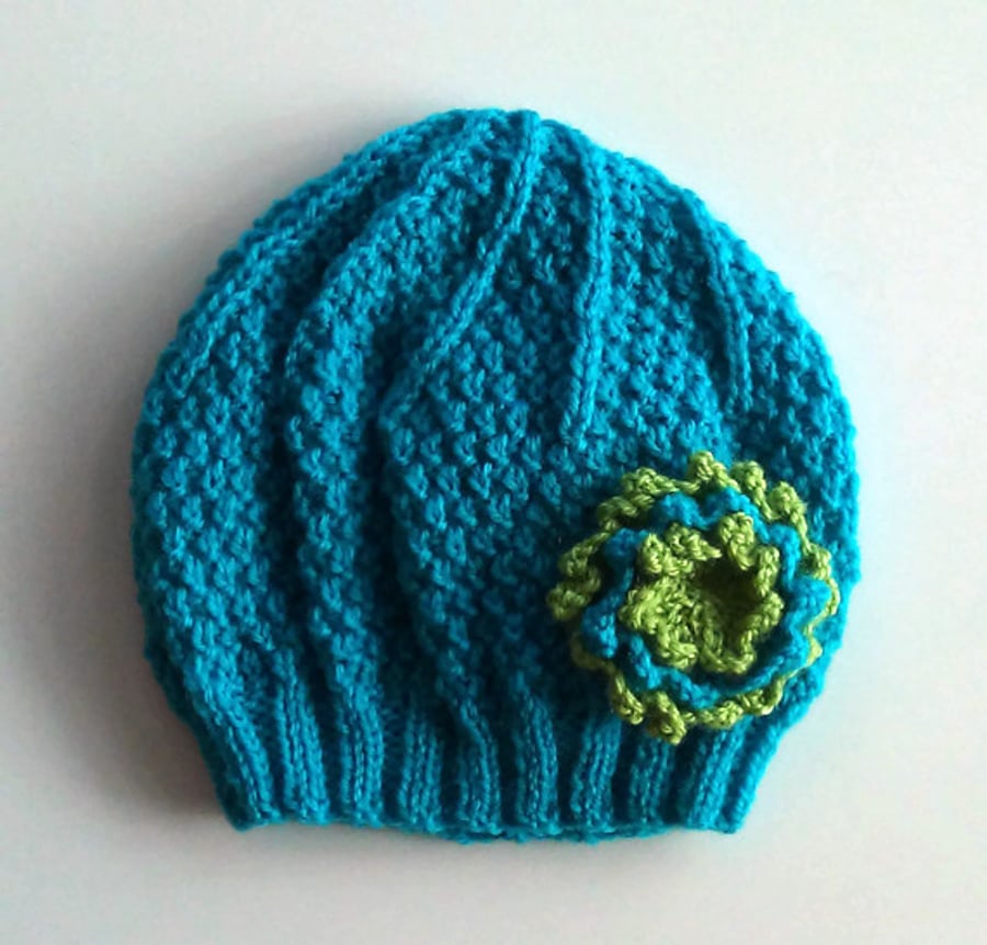 Girls Beanie Flower Hat in Turquoise & Green - Size Medium 5 to 10 years