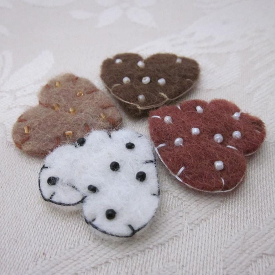 4 Brown Beaded Felt Heart Embellishments