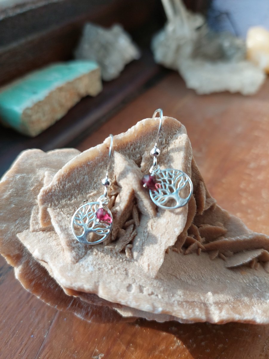 Sterling Silver and Garnet Tree of Life Earrings - January Birthstone