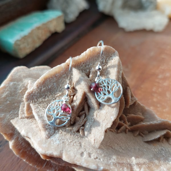 Sterling Silver and Garnet Tree of Life Earrings - January Birthstone