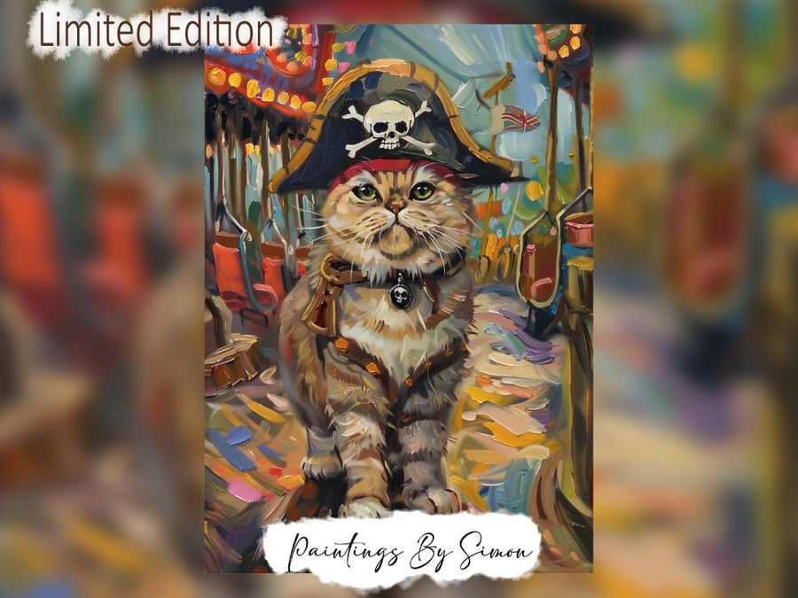 Charming Pirate Cat, Oil Painting Print 5"x7" on Matte Paper