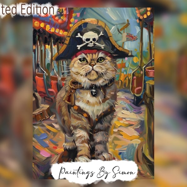 Charming Pirate Cat, Oil Painting Print 5"x7" on Matte Paper