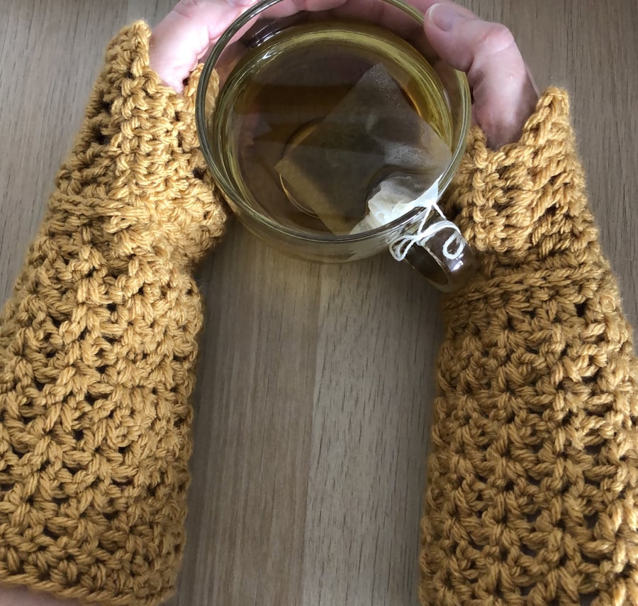 Arm warmers, Studio Sleeves, long wristwarmers in soft gold, crocheted