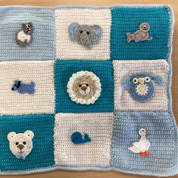 Hand Crocheted Babies blue and white blanket with appliqués 21" x 21"