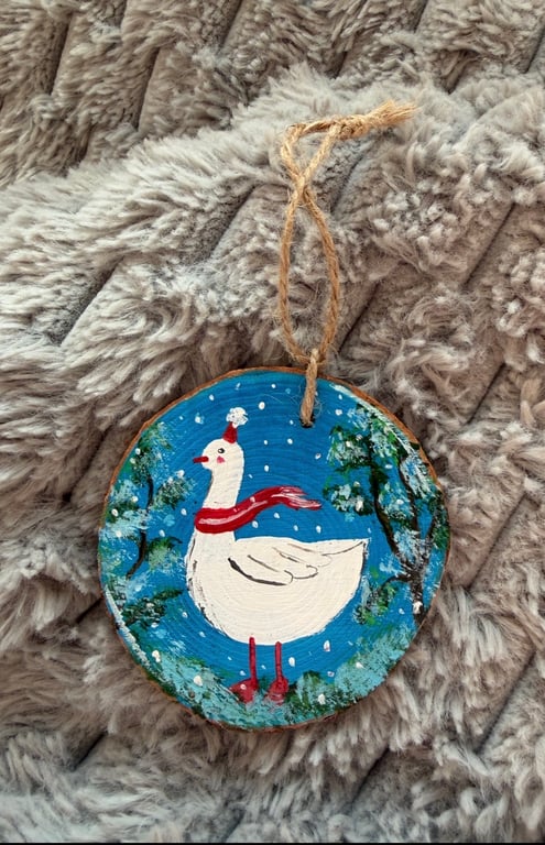Hand-painted Goose illustration on wooden disck, Xmas tree decoration,