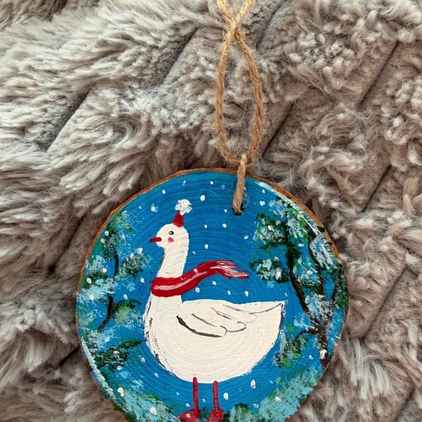Hand-painted Goose illustration on wooden disck, Xmas tree decoration,