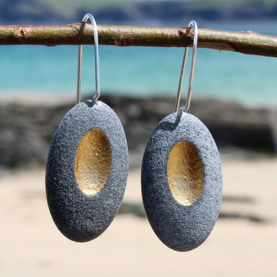 Pebble earrings with golden recess & sterling silver ear wires. Nature inspired