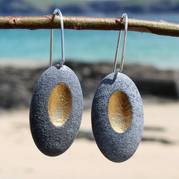Pebble earrings with golden recess & sterling silver ear wires. Nature inspired