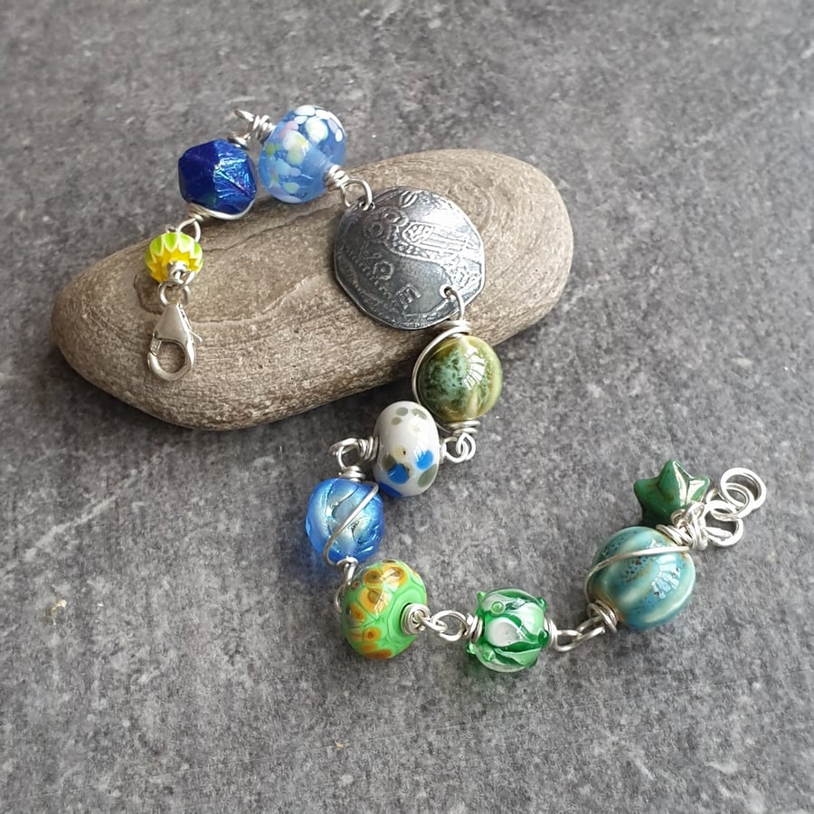 Green and blue beaded bracelet, Gift for owl lover, Silver and lampwork