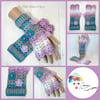 Lilac, blue grey and  cream ladies crochet gloves, finger less gloves.