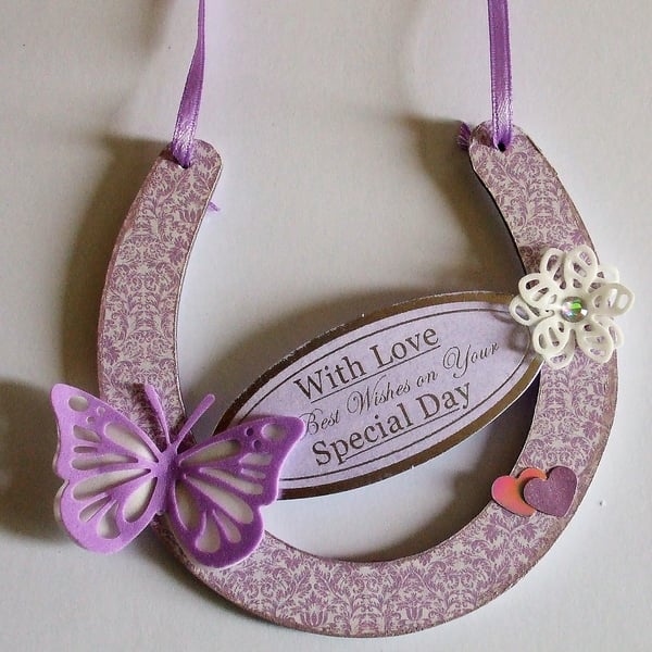 REDUCED Decorated  MDF Horseshoe, On Your Special Day (Lilac) 