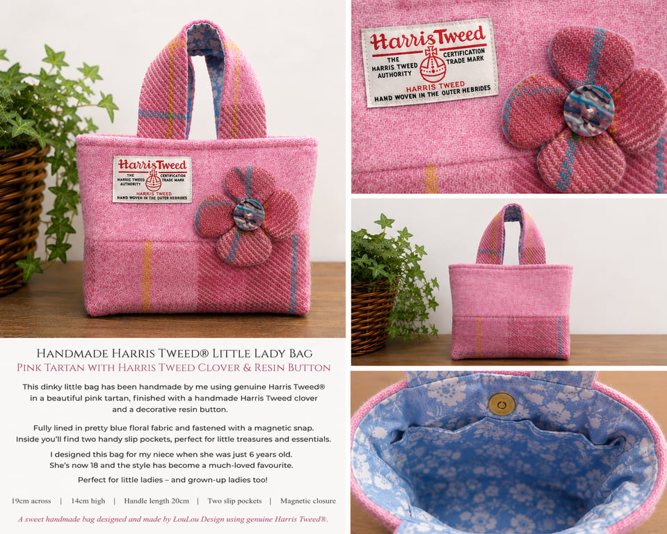 Handmade Harris Tweed Little Lady Bag – Pink Tartan with Harris Tweed Clover 
