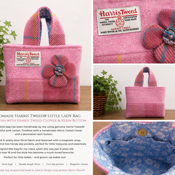 Handmade Harris Tweed Little Lady Bag – Pink Tartan with Harris Tweed Clover 