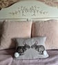Handmade taupe-grey linen cushion with sewn printed rabbit & fluffy pompom tails - Image 7