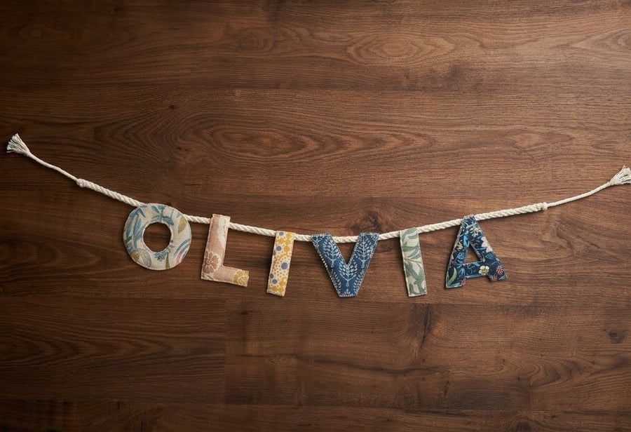 Personalised Heirloom Name Garland, Mixed Textile Bunting FREE POSTAGE