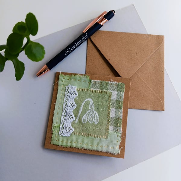 Textile Card with Hand Printed Snowdrop