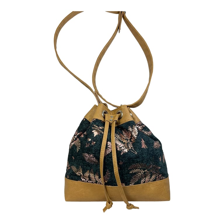 Drawstring bucket crossbody bag made from butterfly print