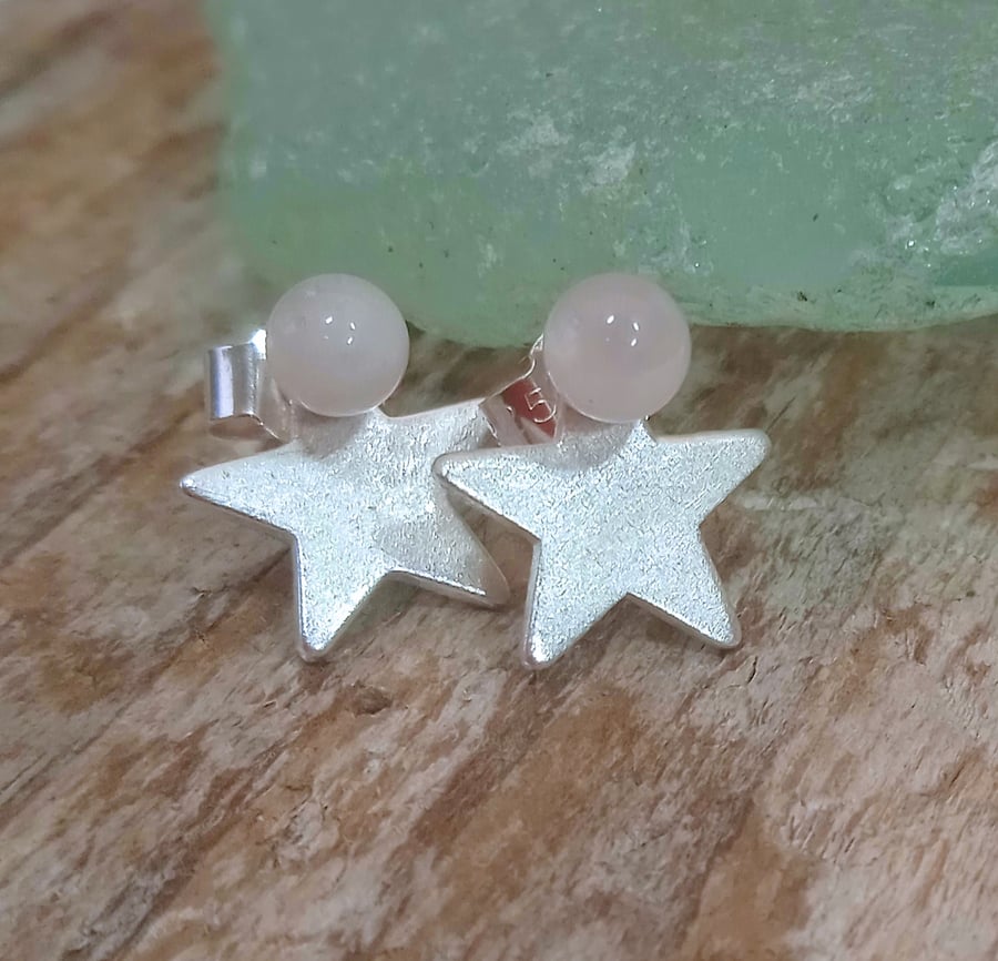 Sterling Silver Star and Rose Quartz Stud Earrings (ERGSSTPK1) - UK Free Post