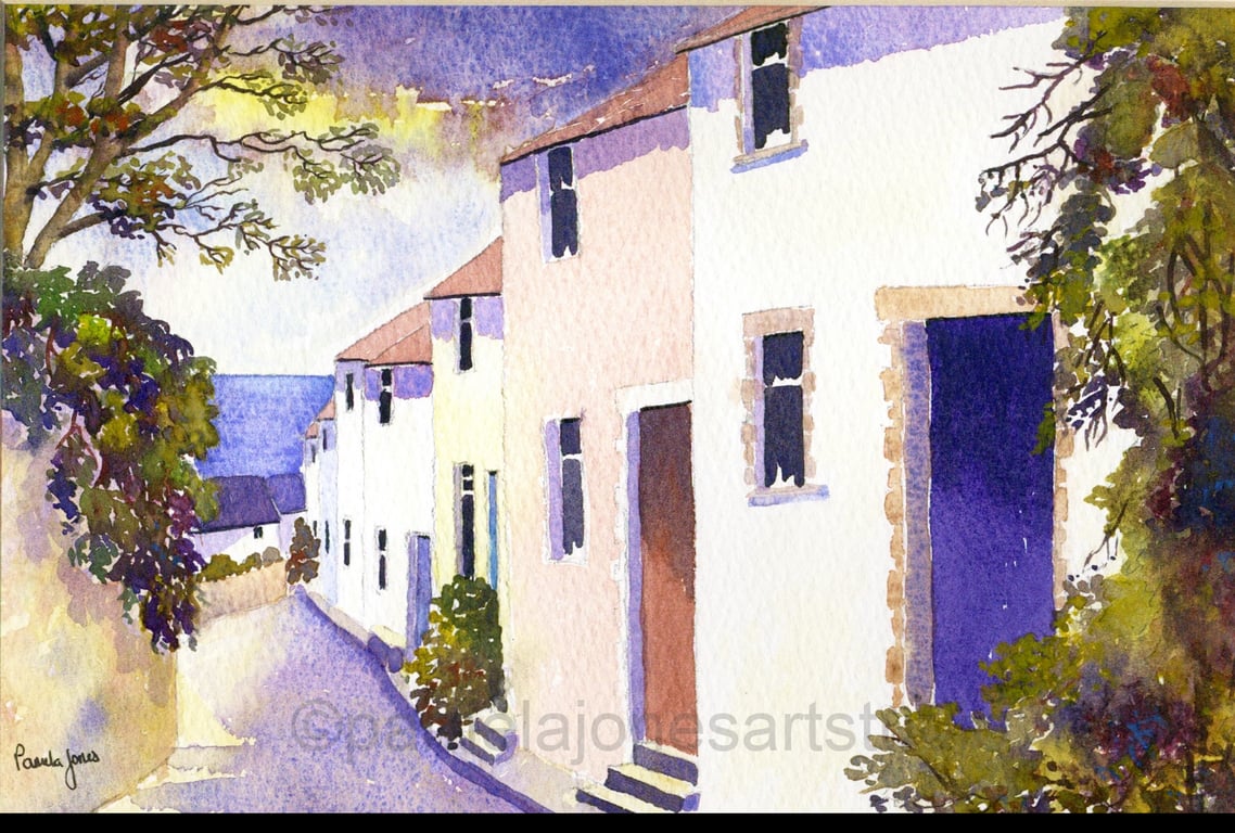 Fisherman Cottages, Village Lane, Mumbles, Watercolour Print in 14 x 11''  Mount