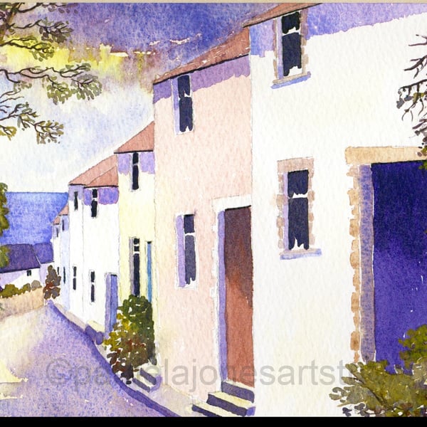 Fishernan Cottages, Village Lane, Mumbles, Watercolour Print in 14 x 11''  Mount
