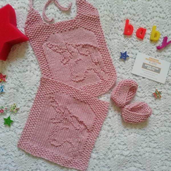 Pink cotton unicorn bib burp cloth and kimono slippers baby set