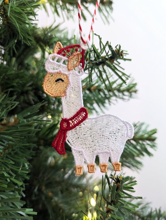 Embroidered Lace Christmas Alpaca Ornament: Hanging Pet Decoration