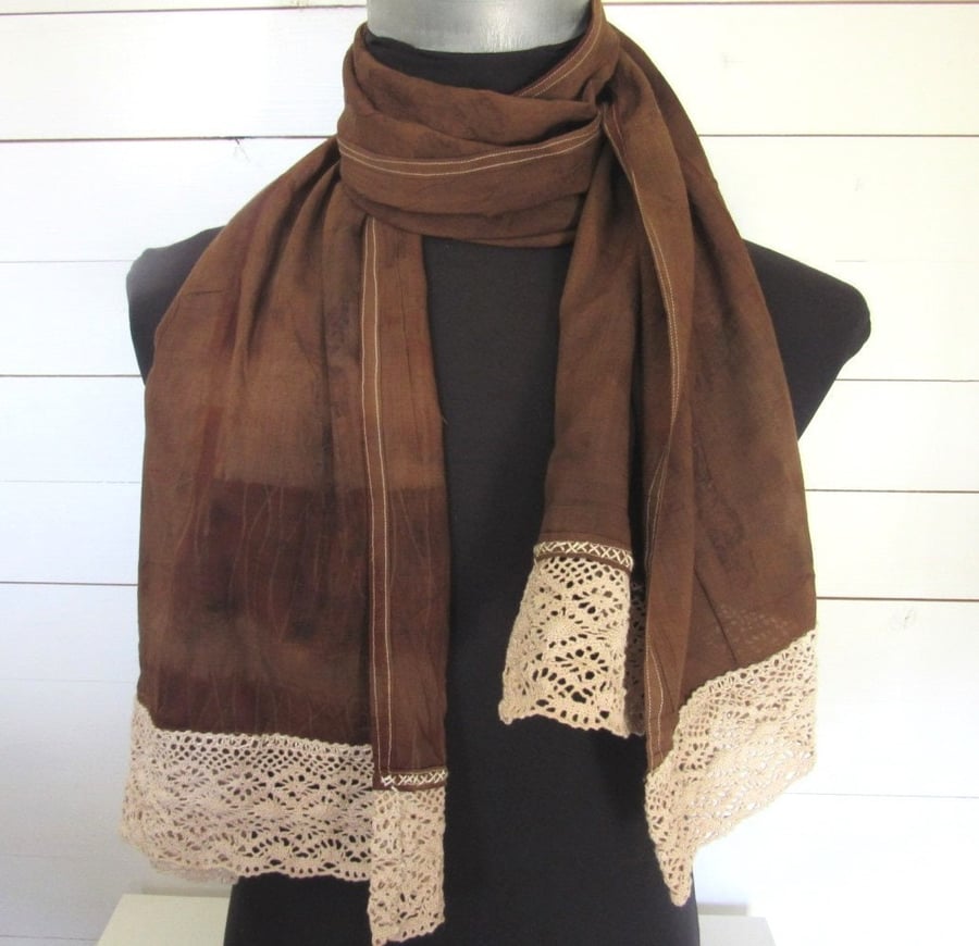 Hand Dyed Birch Brown Eco-Print Wool Gauze Scarf