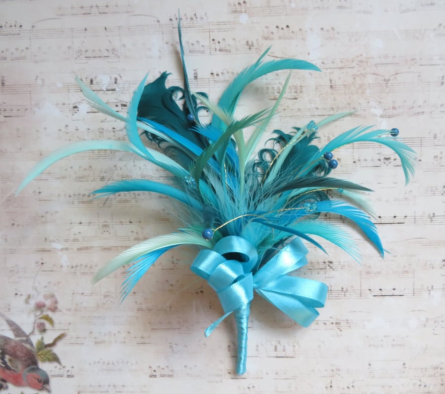 Shades of Turquoise Teal & Aqua Blue Bow Regency Feather Sprig Headpiece Pin