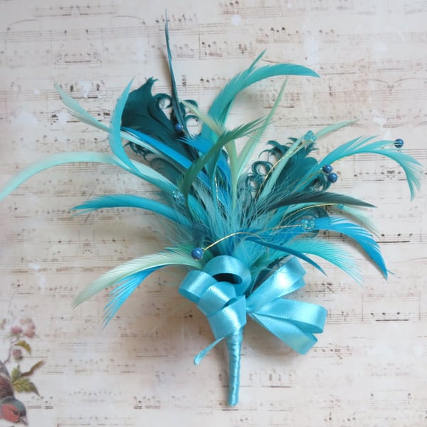 Shades of Turquoise Teal & Aqua Blue Bow Regency Feather Sprig Headpiece Pin