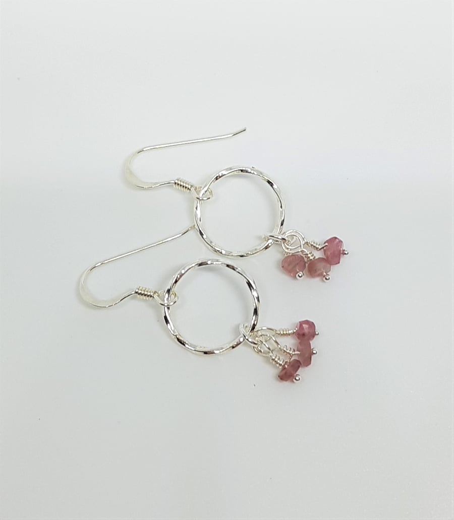 Pink Tourmaline and Sterling Silver Textured Hoop Earrings