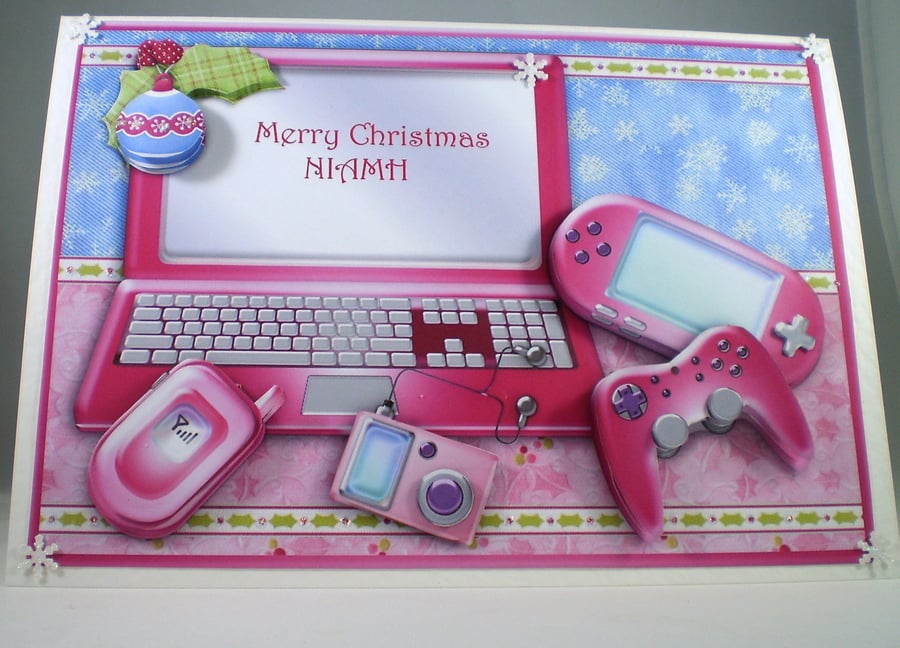 Handmade Christmas  Card, pink computer, Personalise,3D