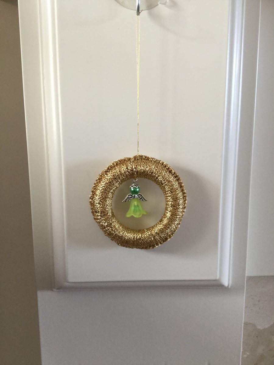 Crochet Christmas Tree Decoration in Gold with a Beaded Angel