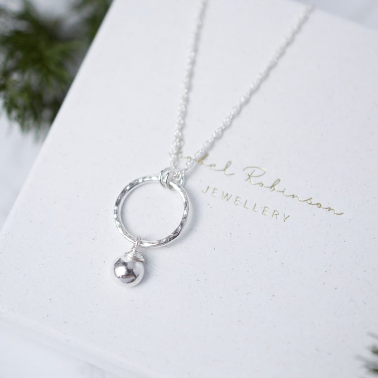 Sterling Silver Necklace - Textured Silver Circle Pendant with Nugget Charm