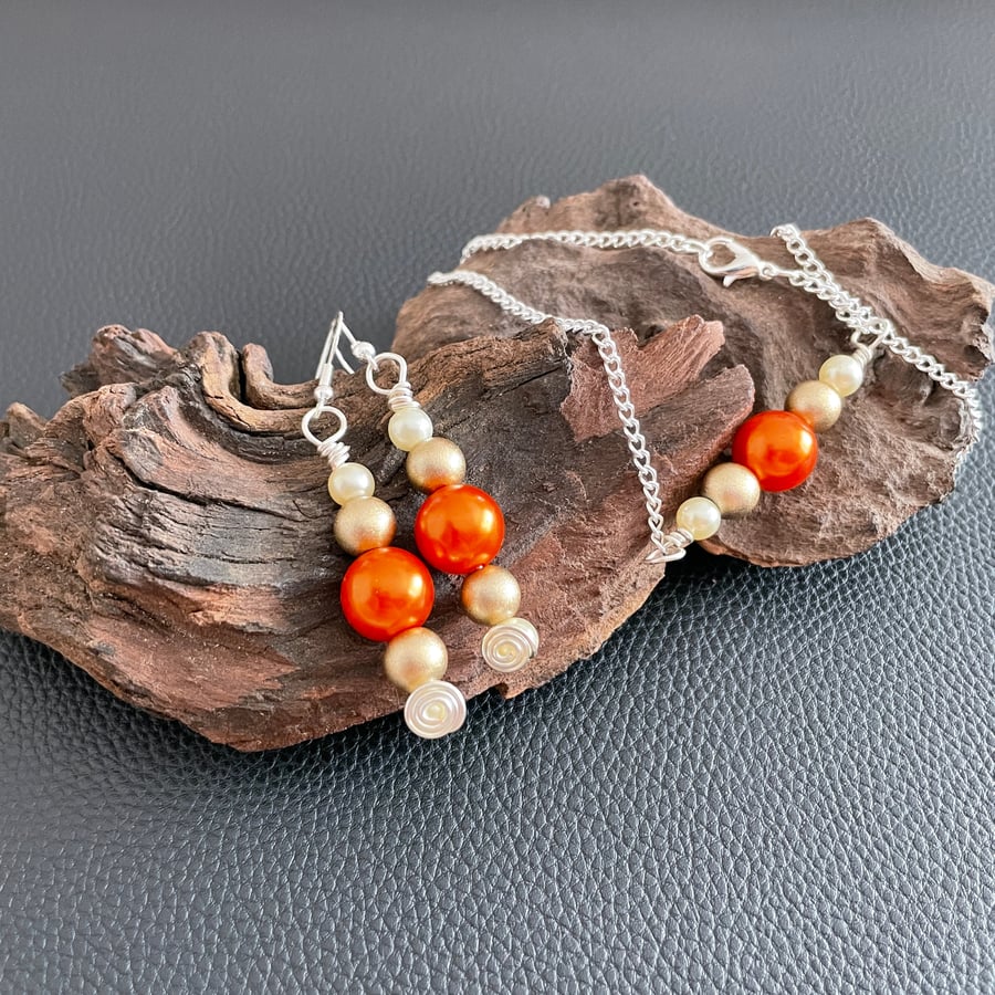 Faux Pearl Necklace and Earrings Set - Orange, Gold & Ivory
