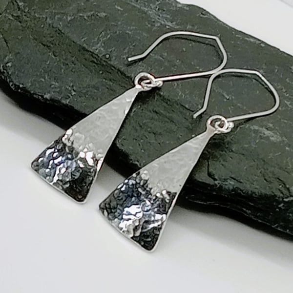 Leagan long triangle earrings textured sterling silver elongated ear drops