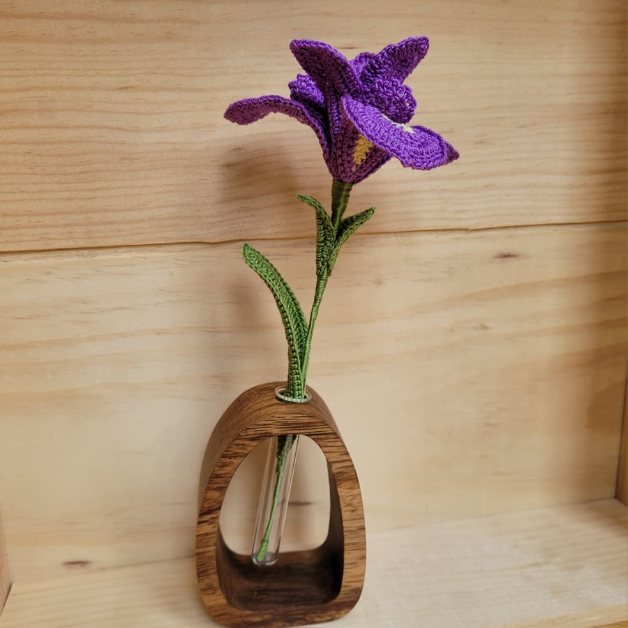 Crochet Iris Flower in Wooden Vase