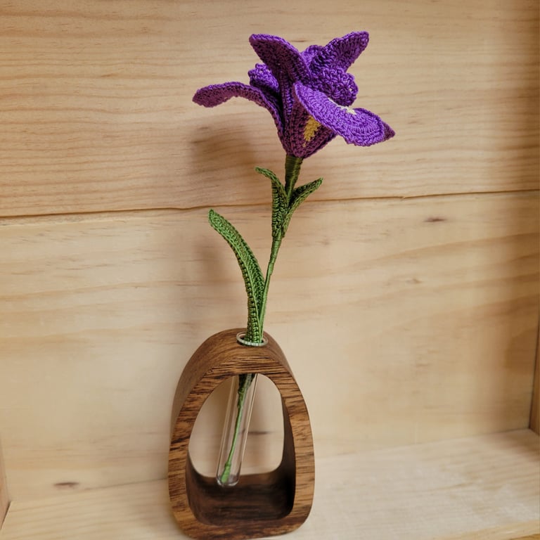 Crochet Iris Flower in Wooden Vase