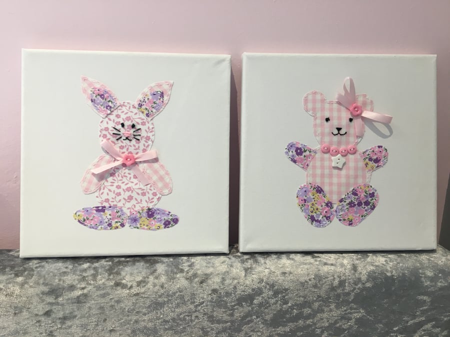 Teddy Bear & Rabbit Nursery Art Canvas