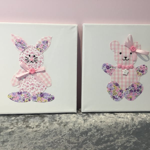 Teddy Bear & Rabbit Nursery Art Canvas