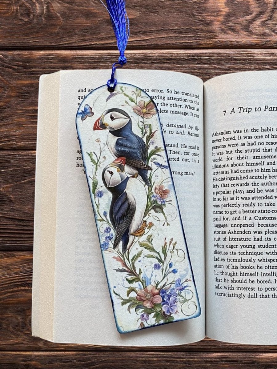 Bookmark, wooden decoupage bookmark, Puffin