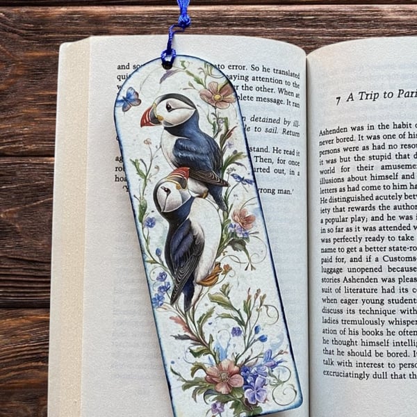 Bookmark, wooden decoupage bookmark, Puffin