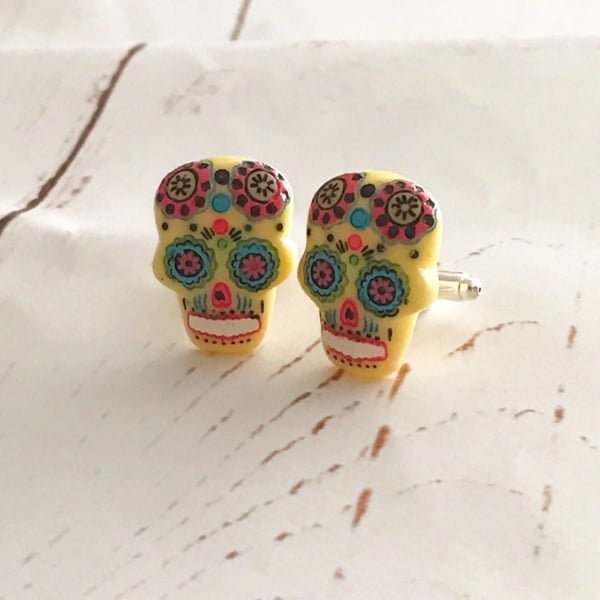 Yellow Day of the Dead Día de Muertos Sugar Skull Cufflinks