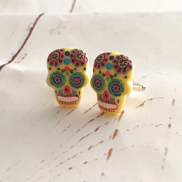 Yellow Day of the Dead Día de Muertos Sugar Skull Cufflinks