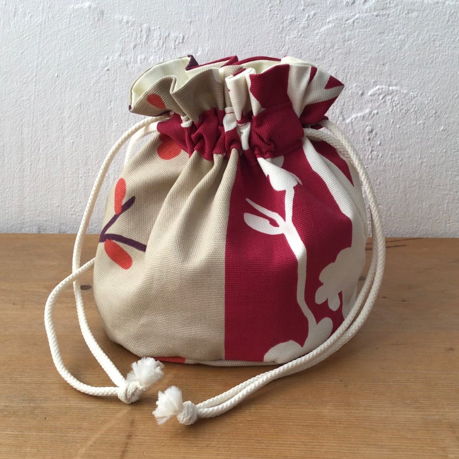 Red and Taupe Floral Drawstring Bag