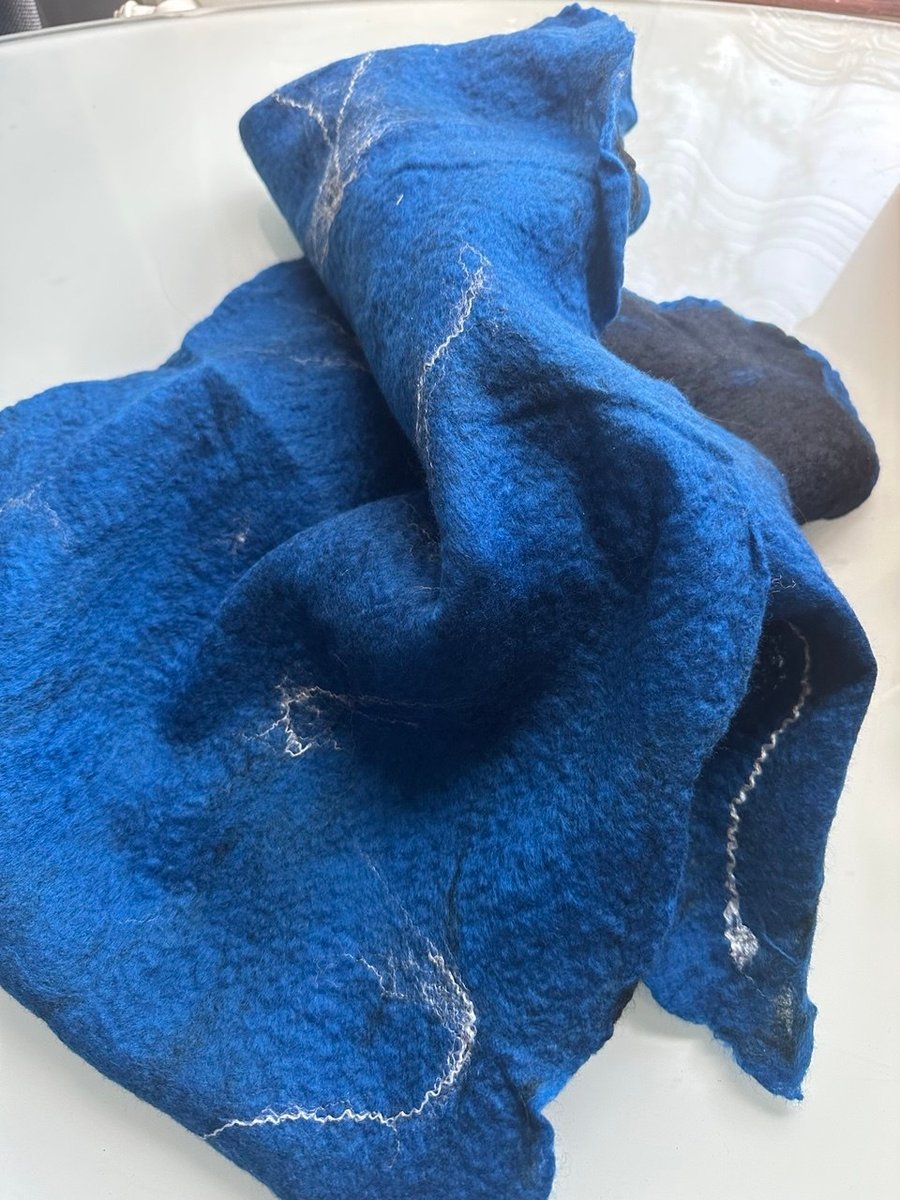 Hand Felted Merino Wool Scarf – Cobalt Blue Wearable Fiber Art – OOAK Artistic W