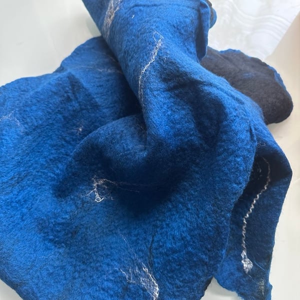 Hand Felted Merino Wool Scarf – Cobalt Blue Wearable Fiber Art – OOAK Artistic W