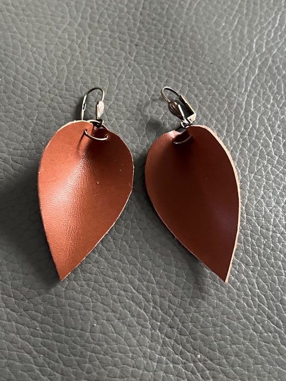 Handcrafted Brown Leather Teardrop Earrings - Minimalist Statement Jewellery 