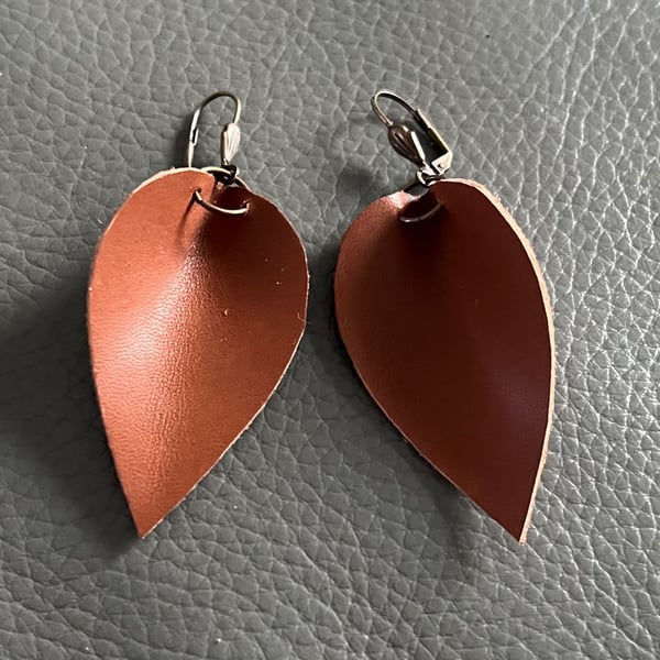 Handcrafted Brown Leather Teardrop Earrings - Minimalist Statement Jewellery 
