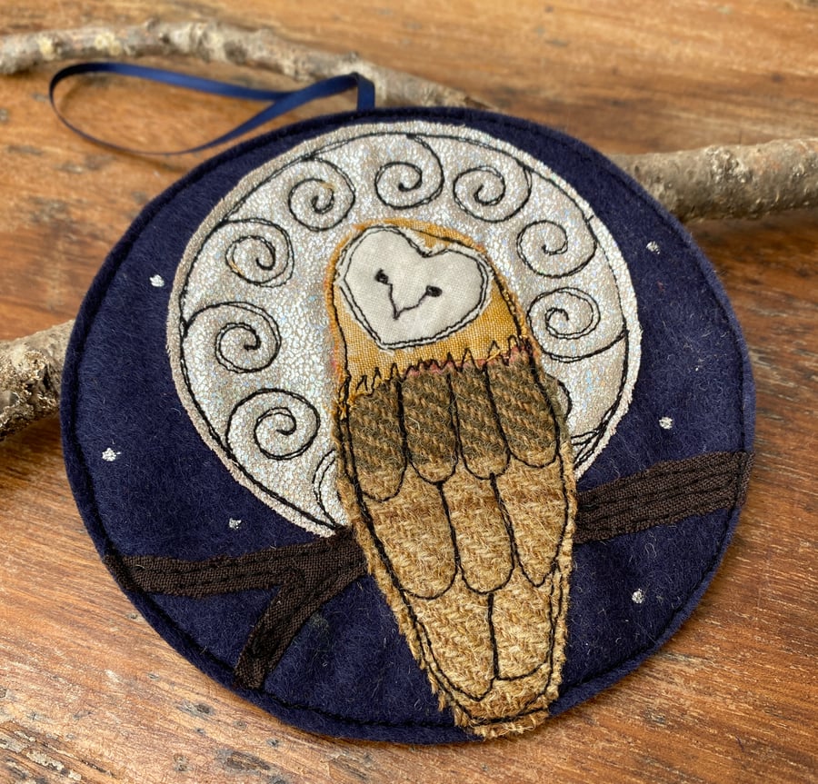 Embroidered up-cycled owl home decoration. 
